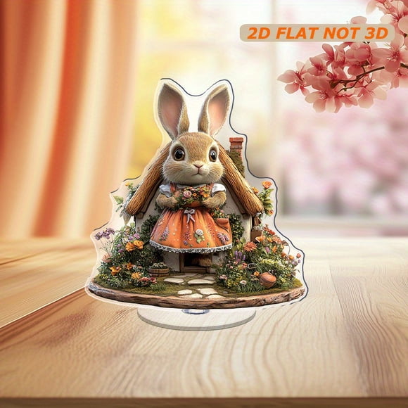 Rotating acrylic ornament featuring a stunning carrot house with Miss Rabbit in a flowered skirt showcasing exquisite fur details and magic realism style