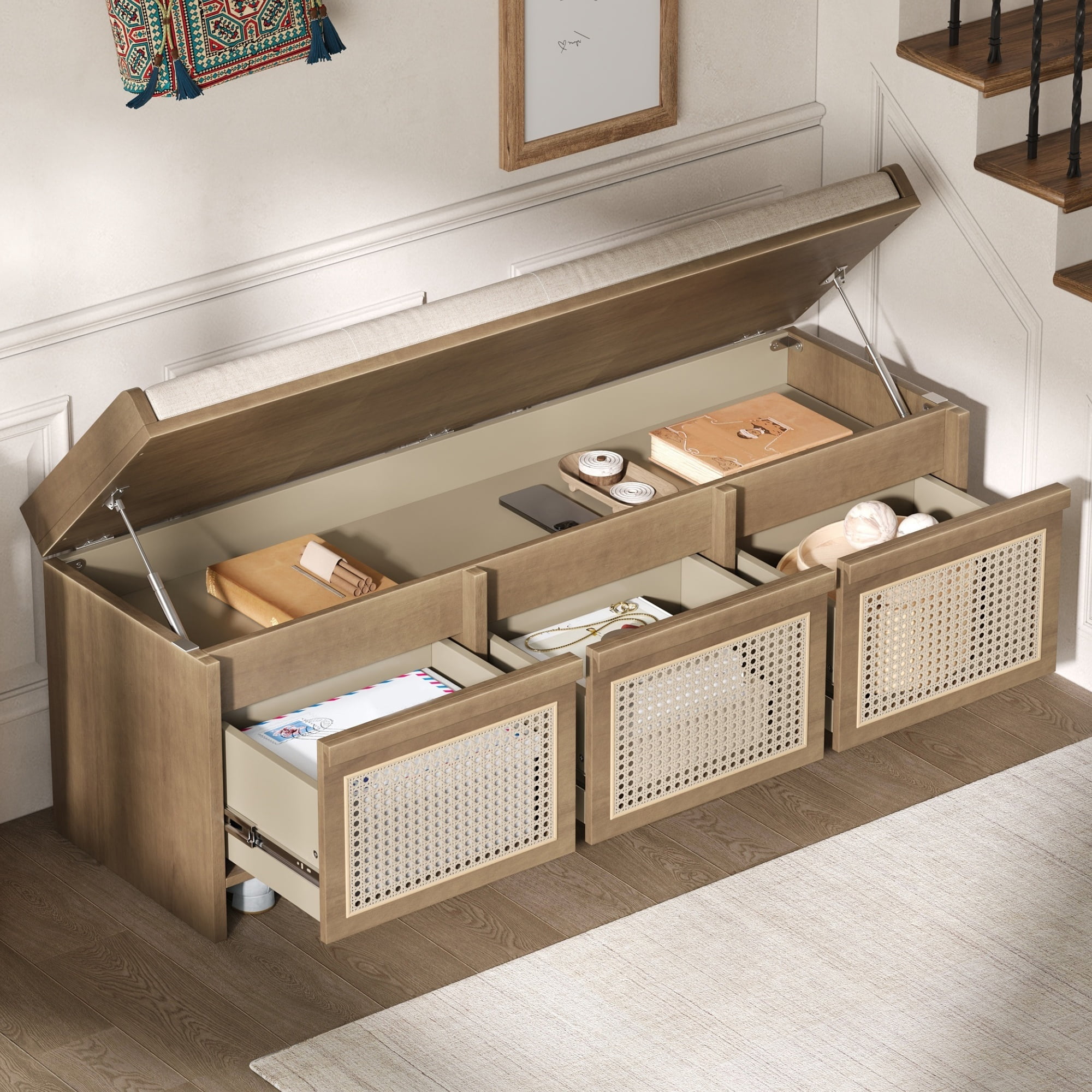 Euroco 48" Shoe Storage Bench, Retro Entryway Bench with 3 Rattan Drawers,Lift Top Storage & Removable Upholstered Cushion,Wooden Shoe Rack Bench for Living Room, Hallway, Foyer,Natural