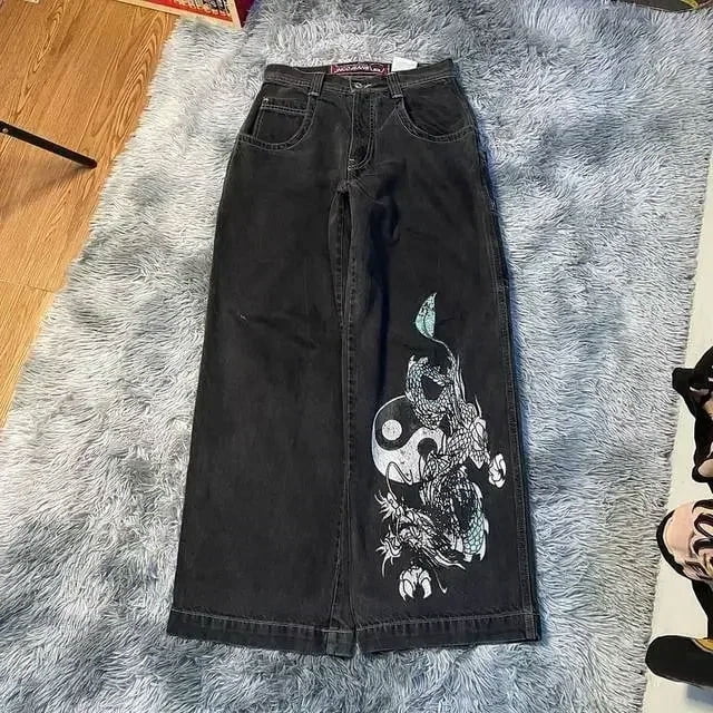 Jeans JNCO Graphiques de Dessins Animés Hip-Hop Y2K pour Hommes Mode Urbaine Jeans Amples Pantalon Noir Rétro Harajuku Gothique Taille Haute Pantalon Grand