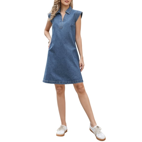 Denim Dress for Women V Neck Cap Sleeve Loose Above the Knee Casual Tunic Jean Dress Gray Blue XS