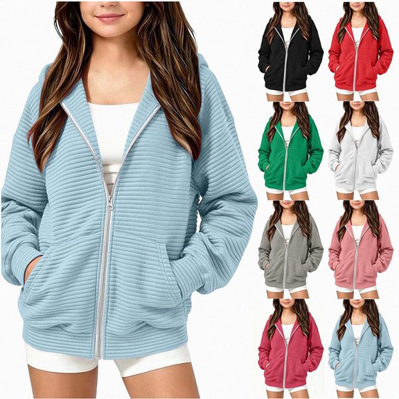 ITSAME Girls Full Zip Hooded Jacket Comfy Cotton Ribbed Quilted Fall Winter Casual Outerwear with Pockets Size 7