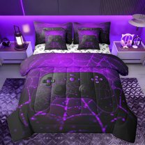 Manfei Cartoon Console 7pcs Bedding Comforter Set,Modern Video Game Queen Bedding Sets,Purple Black Queen Sheet Sets For Boys Teens,Super Cozy Room Decor Reversible