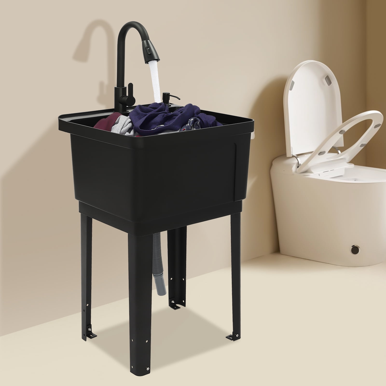 Freestanding Laundry Sink 15.85 Gal Capacity 19.3x16x11.8 Inch PP Utility Sink with Pull-Down Faucet