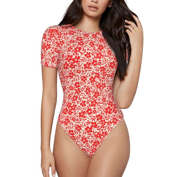 Fotbe Red Pretty Flowers Body de Mujer con Cuello Redondo y Mangas Cortas, Sin Mangas Ajustado, Suave, Cómodo y Básico-Large