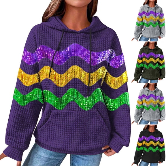 AGWOLF Mardi Gras Hoodies for Women Plus Size Bling Sequin T-Shirts Long Sleeve Carnival Tops Fat Tuesday Party Pullover Holiday Festival Outfits