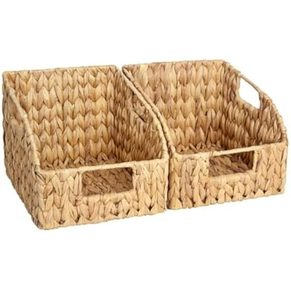 2 Pcs of Handwoven Storage Baskets for Organizing, Natural Grass Wicker Baskets with Handles, Great for Pantry, Kitchen, Bedroom Shelves, Decorative & Practical Storage Bins