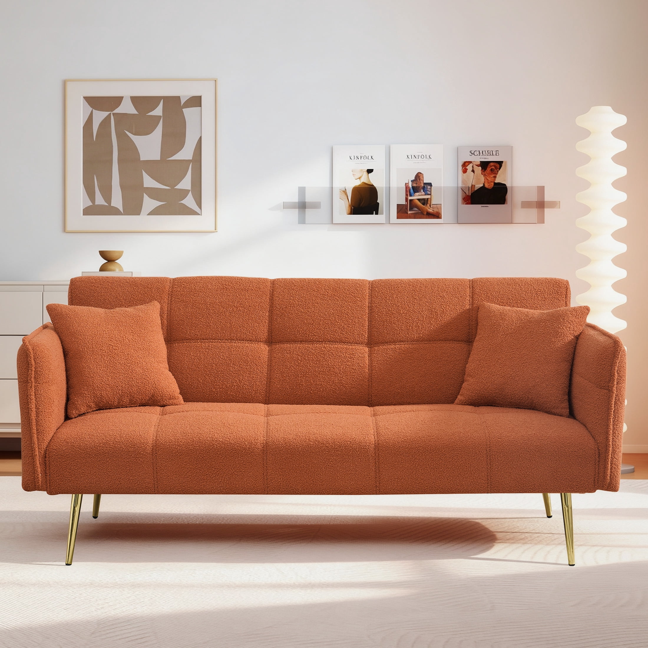 Aukfa 79" Teddy Fleece Convertible Futon Sofa Bed, 3-Position Adjustable Armrests, 2 Pillows, Orange