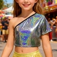 thumbnail image 2 of XUELUO Little Girls T-Shirts One Shoulder Short Sleeve Colorful Sequined Cropped Tee Carnival Summer Party Trendy Fitted Tshirts, 2 of 4