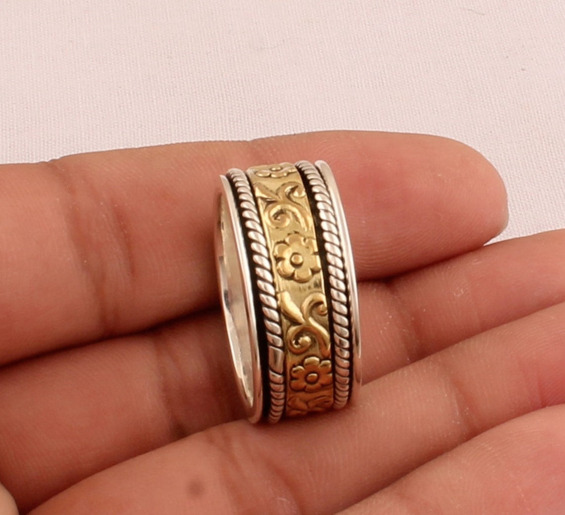 SS DESIGNS Spinner Ring Handmade Silver 925 Sterling Band Flower Band Ring Anxiety Relief Fidget Spinner Stress Relief Jewelry for Men Women