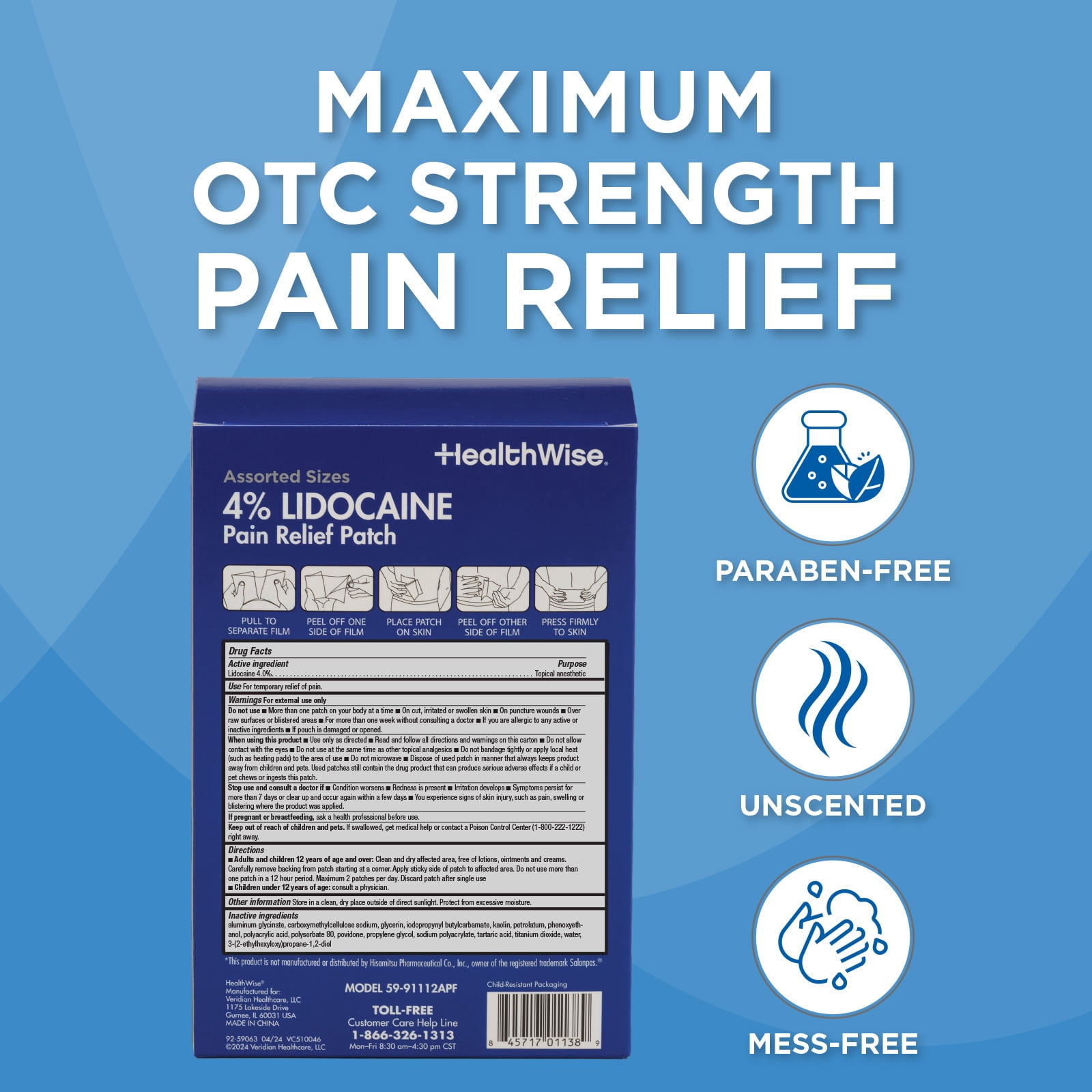 HealthWise Lidocaine Pain Patch | 4% OTC Lidocaine | 12-Count Assorted Sizes | Paraben-Free Formula | Temporarily Soothes Minor Aches and Pains | Unscented | Flexible Application
