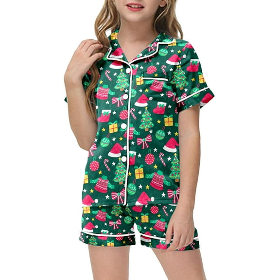 FYEGRE Festive Holiday Kids Playwear Set with Whimsical Character Design Top and Bottom Comfy Daily Wear for Toddlers and Children Green 12-13 Years