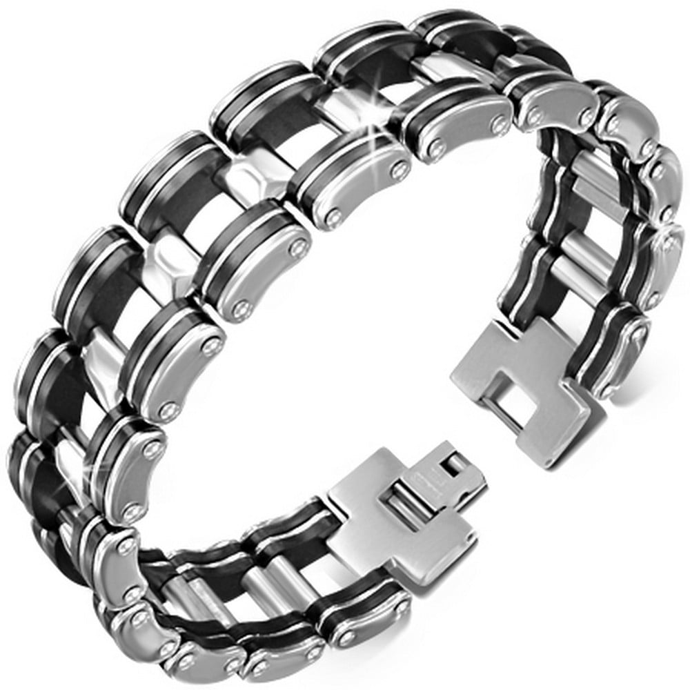 Black Rubber Silver Chain Link Men's Cool Stainless Steel Bangle Bracelet USA 