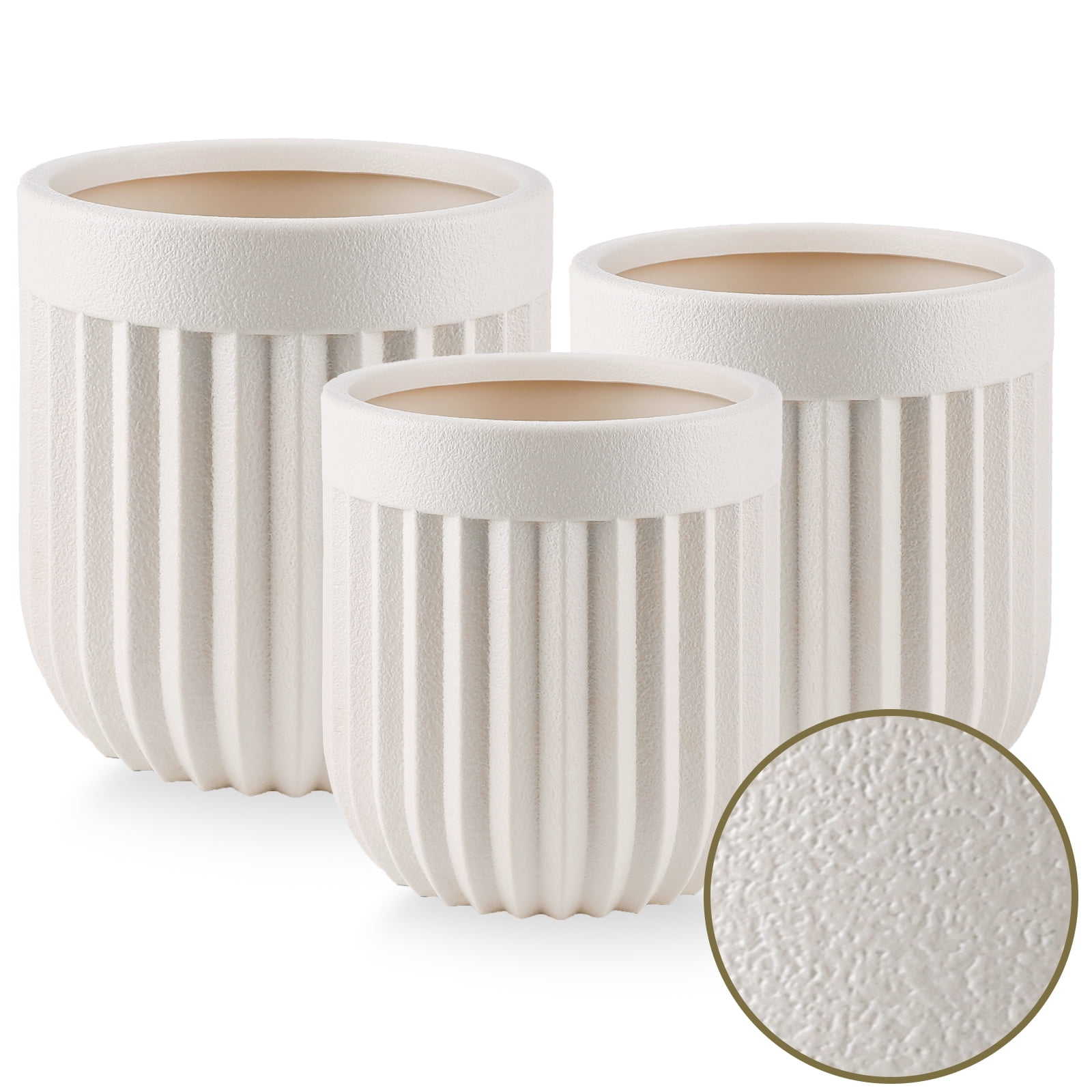 FOUKUS Large Concrete-Like Plastic Planter Set: 3-Piece Tall Fluted Round Lightweight Planters for Indoor & Outdoor Use, Modern Decorative Pots with Drainage for Home, Patio, Porch & Garden