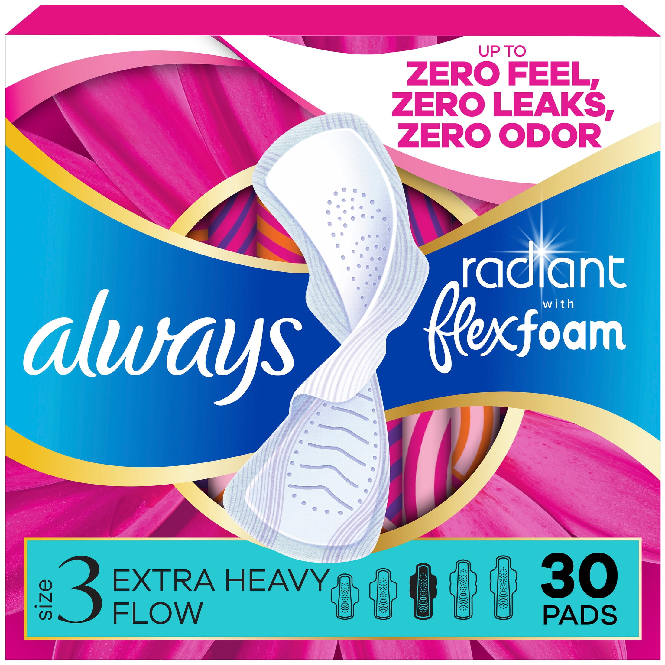 (6 pack) Always Radiant with FlexFoam Pads, Size 3, Extra Heavy, Wings, 30 Count