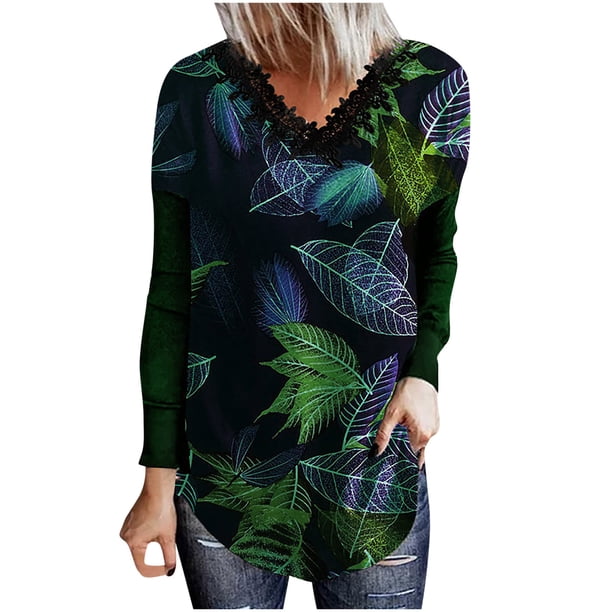 Top de manga larga con cuello en V y encaje con estampado de hojas y flores para mujer Fridja hkj4374