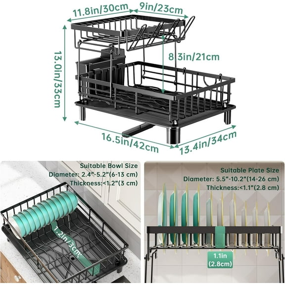 2 Tier Dish Drying Rack, Large Capacity Detachable Kitchen Counter Drain Rack with Utensil Holder, Rustproof Dish Drainer
