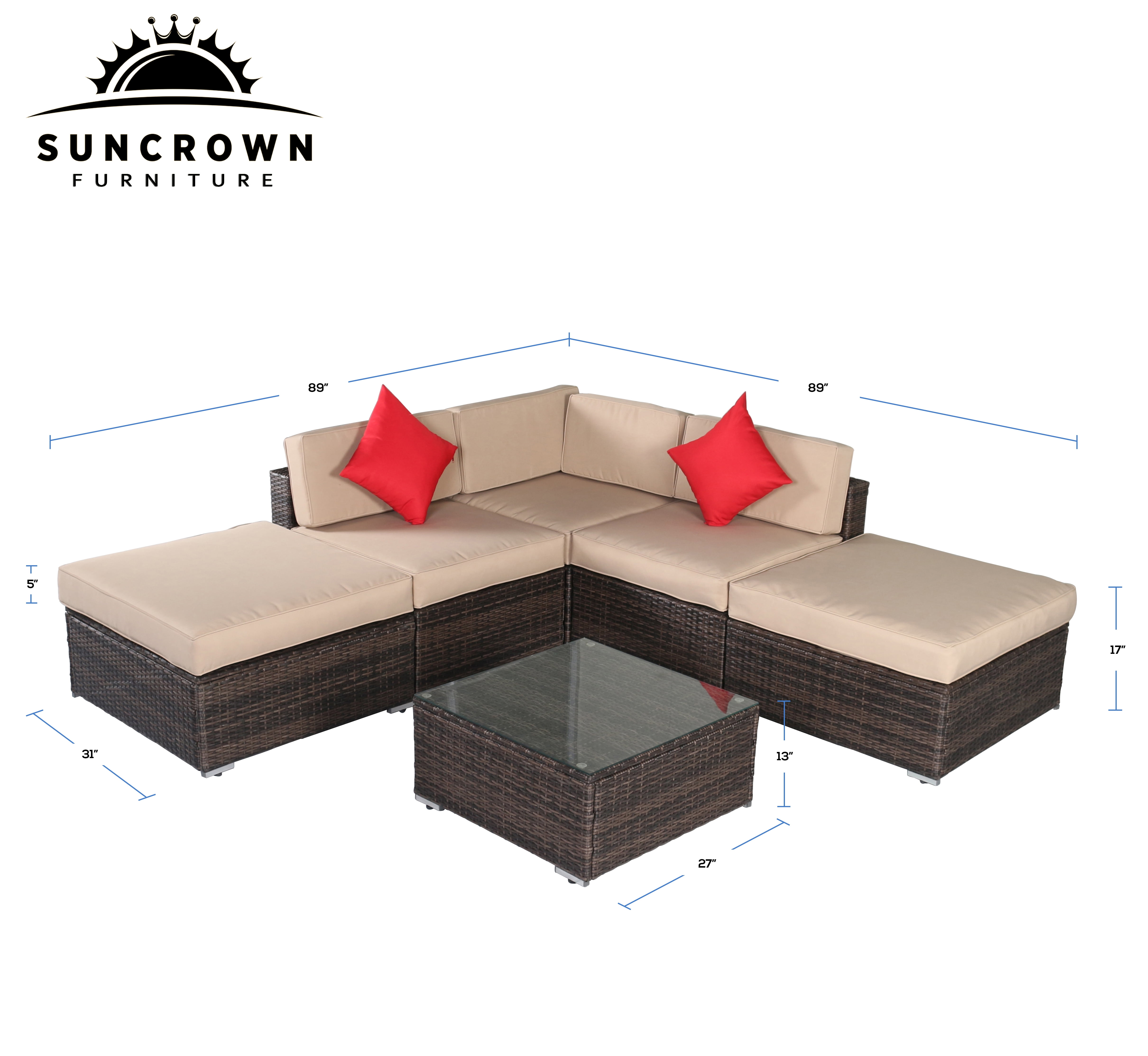 Suncrown Outdoor Furniture Sectional Sofa Set 6 Piece All Suncrown Outdoor Furniture Sectional Sofa Set 6 Piece All Weather Brown Wicker With Washable Seat Cushions Modern Glass Coffee Table Patio