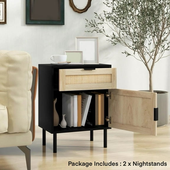 Auranook Rattan Nightstand Set of 2 Mid Century Modern End Table with Drawer & Cabinet