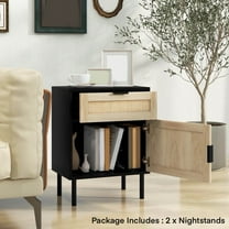 Auranook Rattan Nightstand Set of 2 Mid Century Modern End Table with Drawer & Cabinet