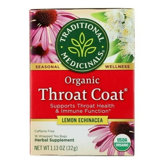 Traditional Medicinals Organic Throat Coat Herbal Tea Lemon Echinacea 16 Tea Bags Pack of 2
