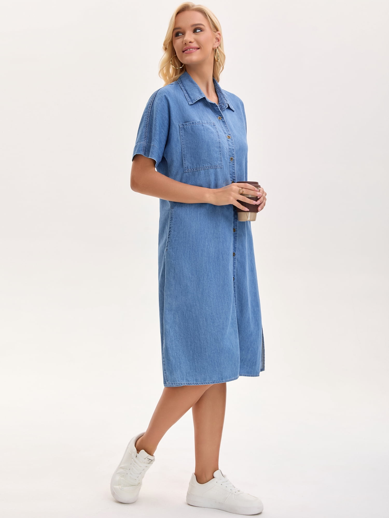 DARING DIVA Midi Denim Short Sleeve Button Down Tunic Jean Dress L Sky Blue