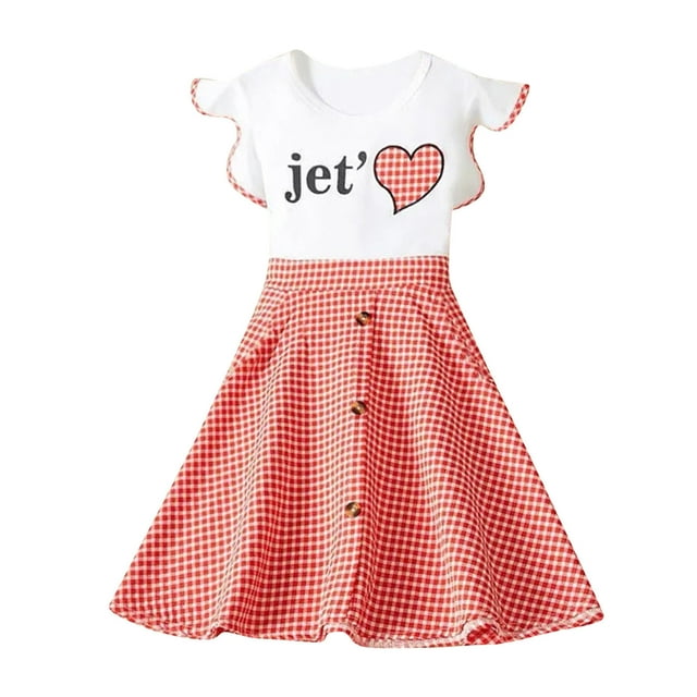 PMVFHDE Robe d'Été Décontractée pour Filles Tout-Petits Enfants Bébés Filles 3-9 Ans Robe d'Été Décontractée à Volants Imprimé Lettre Manches à Volants Patchwork à Carreaux Vêtements de Fête, Rouge, 4-5 Ans