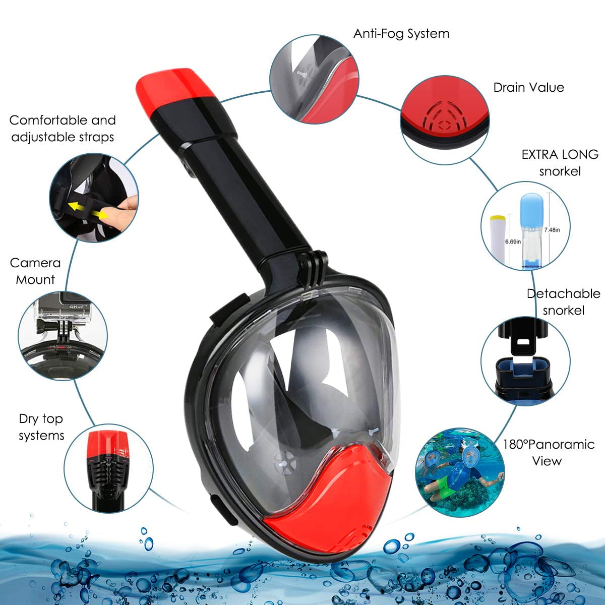 Snorkel Mask Full Face 180° Panoramic Sea View Anti-Fog Anti-Leak Snorkeling Mask with Action Camera Mount and Soft Adjustable Head Straps-Red/Black (Small/M)