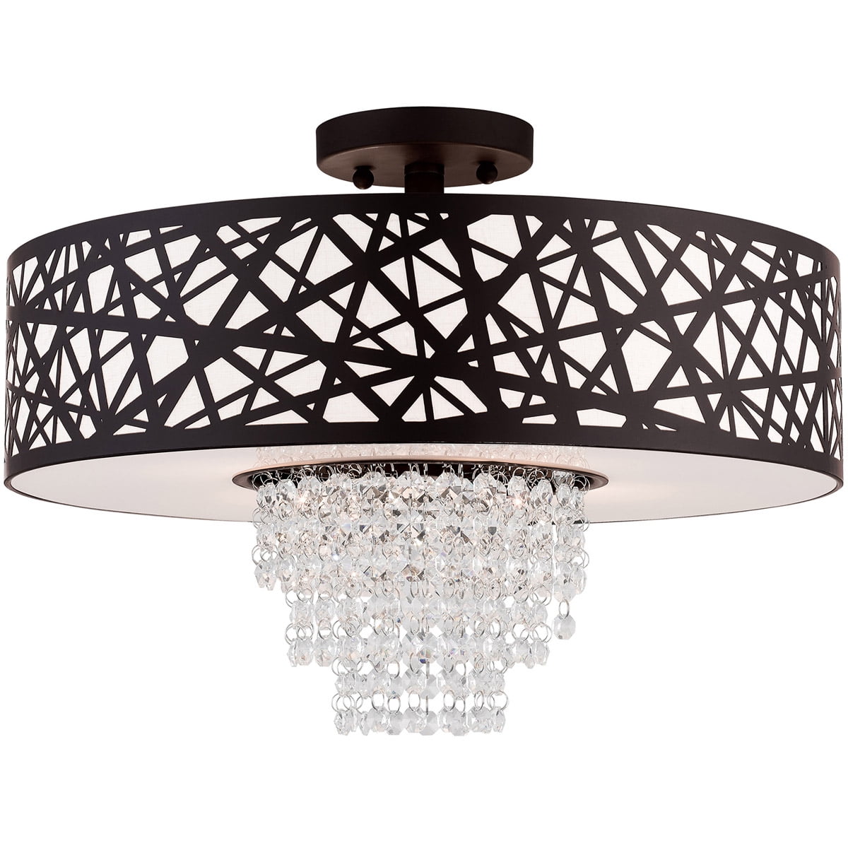 4 Light Bronze Ceiling Light fixture with Oatmeal Color Fabric Hardback Inside & Clear Crystals Shade