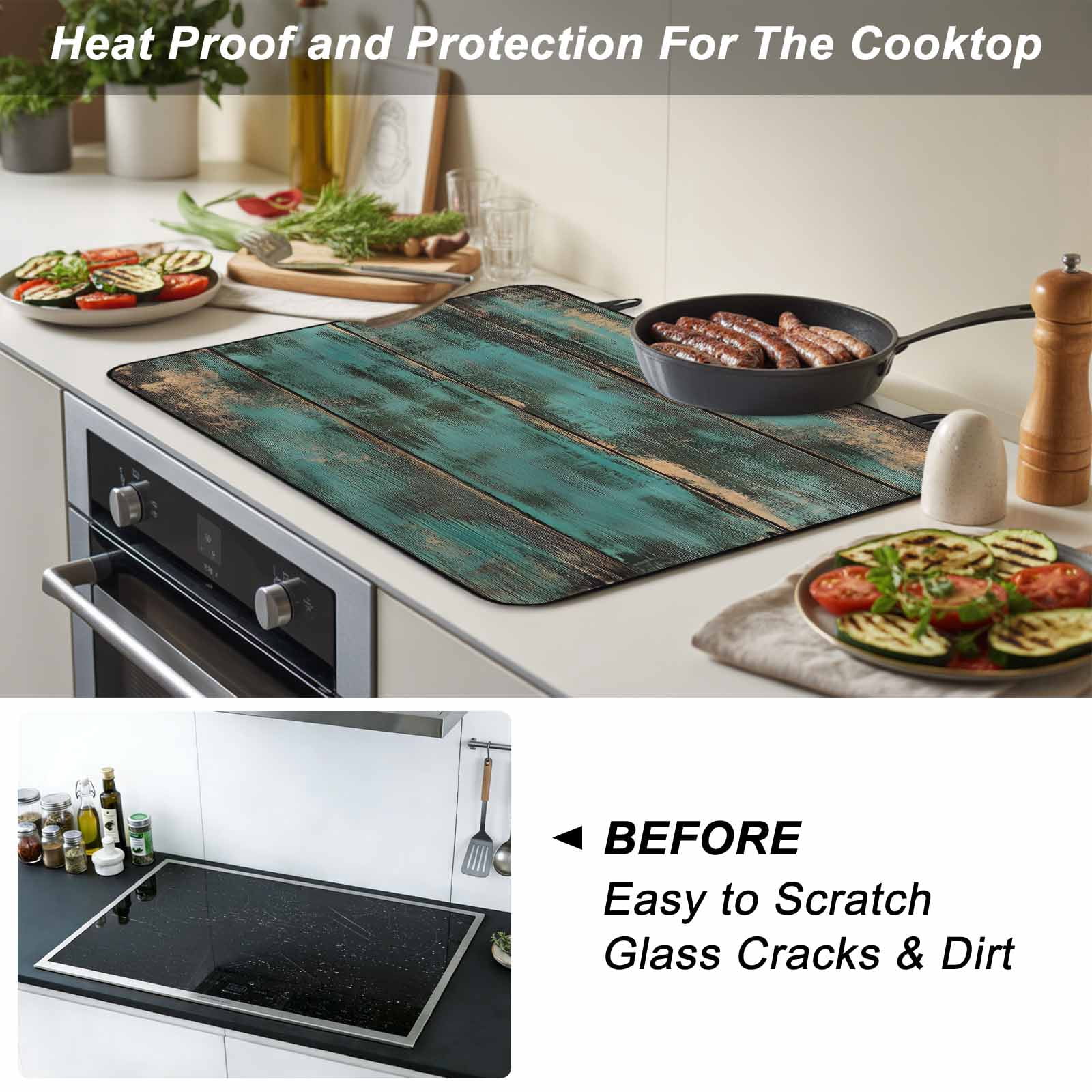Teal Brown Wood Print Stove Top Cover for Electric Stove, Heat-proof & Non Slip Glass Top Stove Cover Protector, Farmhouse Vintage Plank Kitchen Flat Cooktop Rubber Mat 24x21 Inches