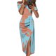 thumbnail image 1 of ICHUANYI Clearance Women Sexy Printed Hip Wrap Split Sleeveless Off Shoulder Short Sleeve Dresses(Light Blue, S) ICHUANYI WER2023080916075, 1 of 8
