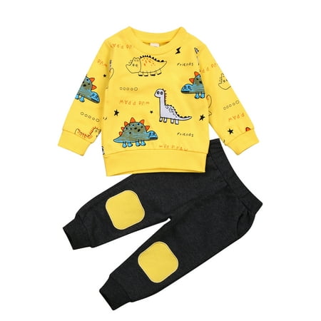 

Fanvereka Baby Long Sleeve + Trousers Dinosaur Print Elastic Waist Ribbed Closing Classic Round Neck Spring Clothing