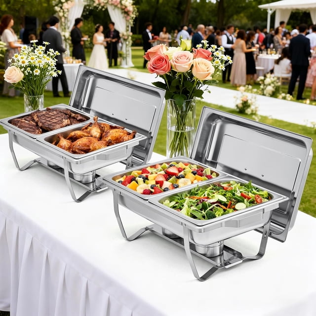 EastVita 2PC Chafing Dishes for Buffet, 8 Qt Buffet Servers & Warmers with Lid & Foldable Frame, Catering Supplies