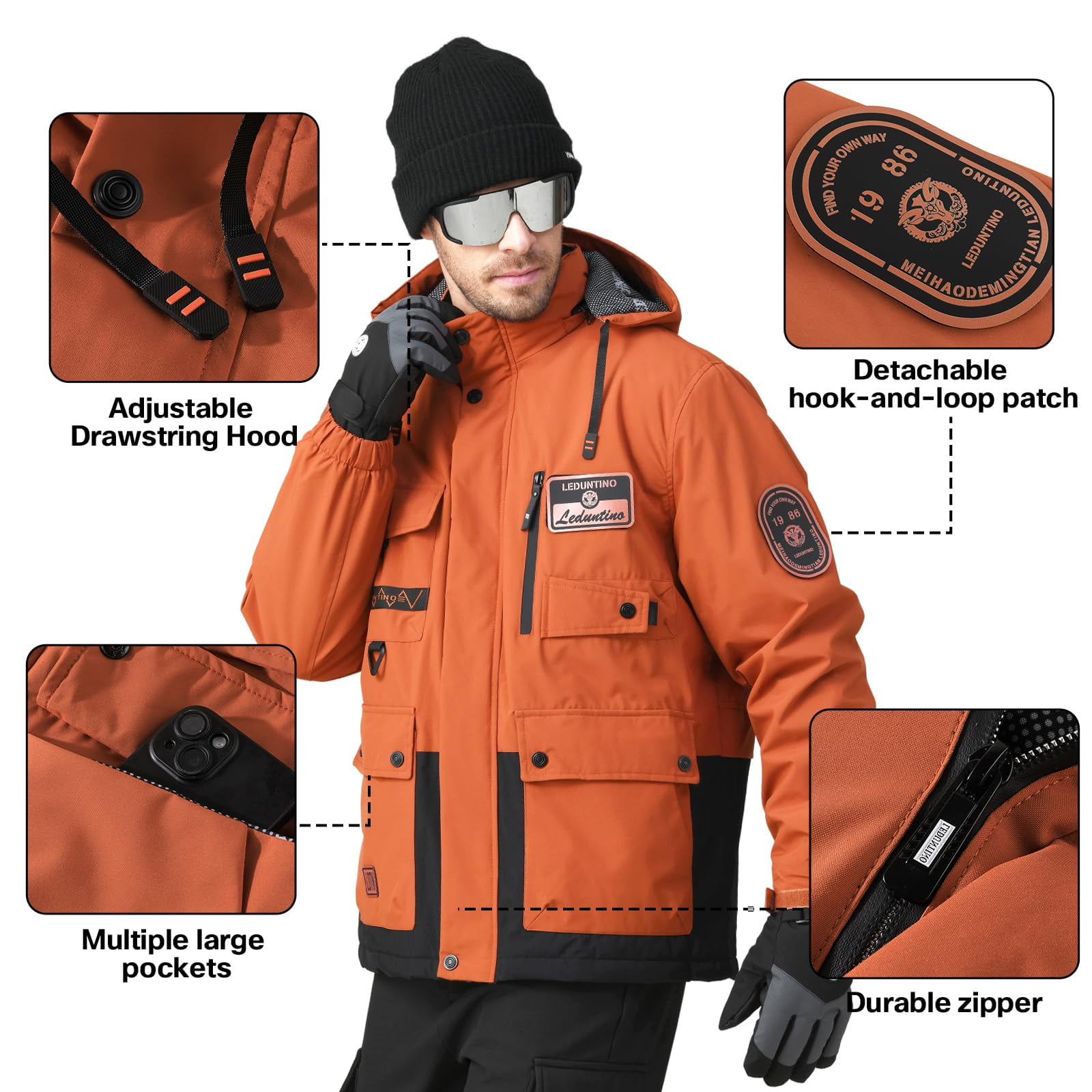 LEDUNTINO Men's Winter Jacket With Hood Water-Resistant Casual Coat Composite Fleece-Lined Outdoor Apparel For Cold Weather