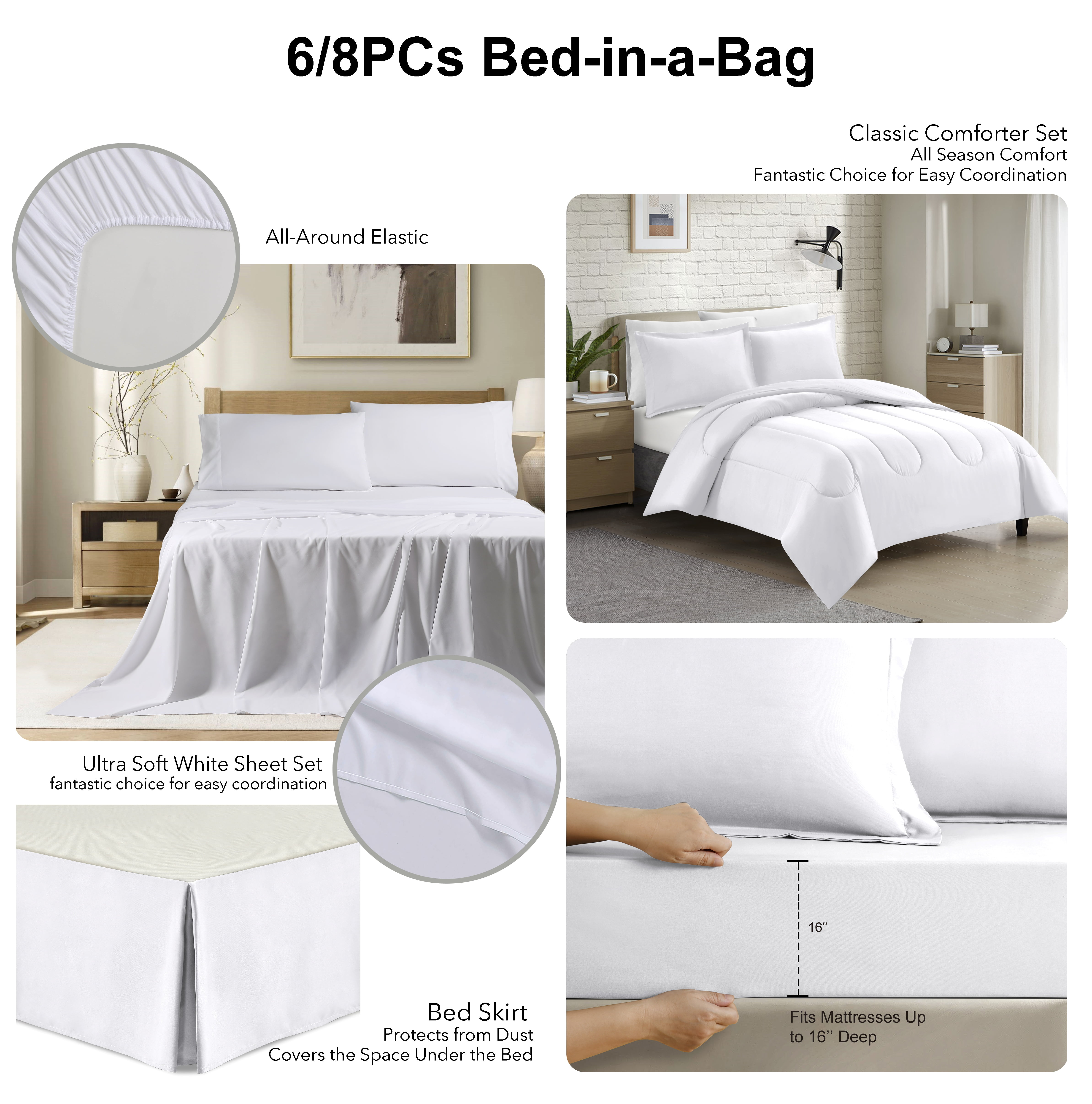 Swift Home Luxury 6 Piece Bed in a Bag, Comforter Set, All Season Complete Bedding Set, Twin/ Twin XL, White