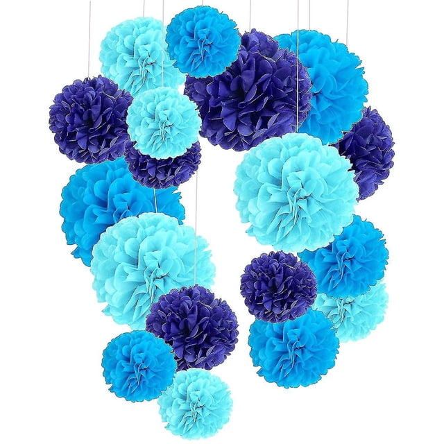 Paquete de 18, flor de pompón azul, juego de papel de decoración para fiestas