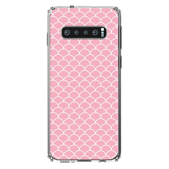 DistinctInk Clear Shockproof Hybrid Case for Samsung Galaxy S10 (6.1" Screen) - TPU Bumper, Acrylic Back, Tempered Glass Screen Protector - Light Pink Scalloped Pattern