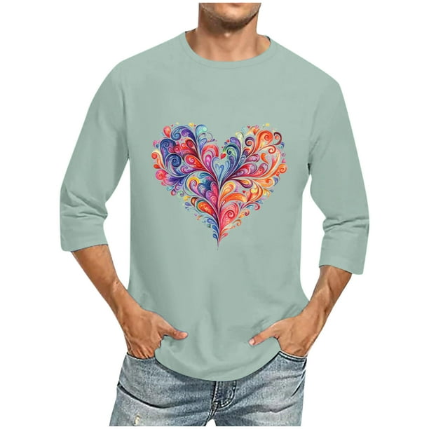 Camisas de Manga Larga para los Hombres Día de San Valentín Impresión Cuello Redondo Moda Casual, Mezcla de Poliéster de Lino de Algodón para Primavera Verano