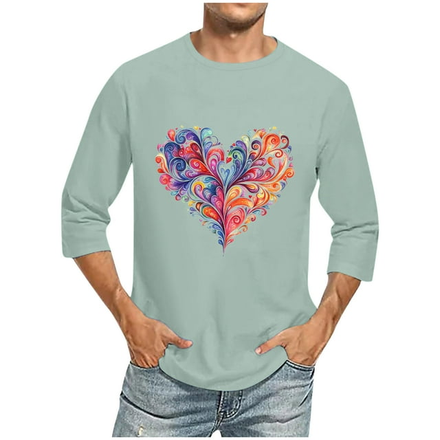 Camisas de Manga Larga para los Hombres Día de San Valentín Impresión Cuello Redondo Moda Casual, Mezcla de Poliéster de Lino de Algodón para Primavera Verano