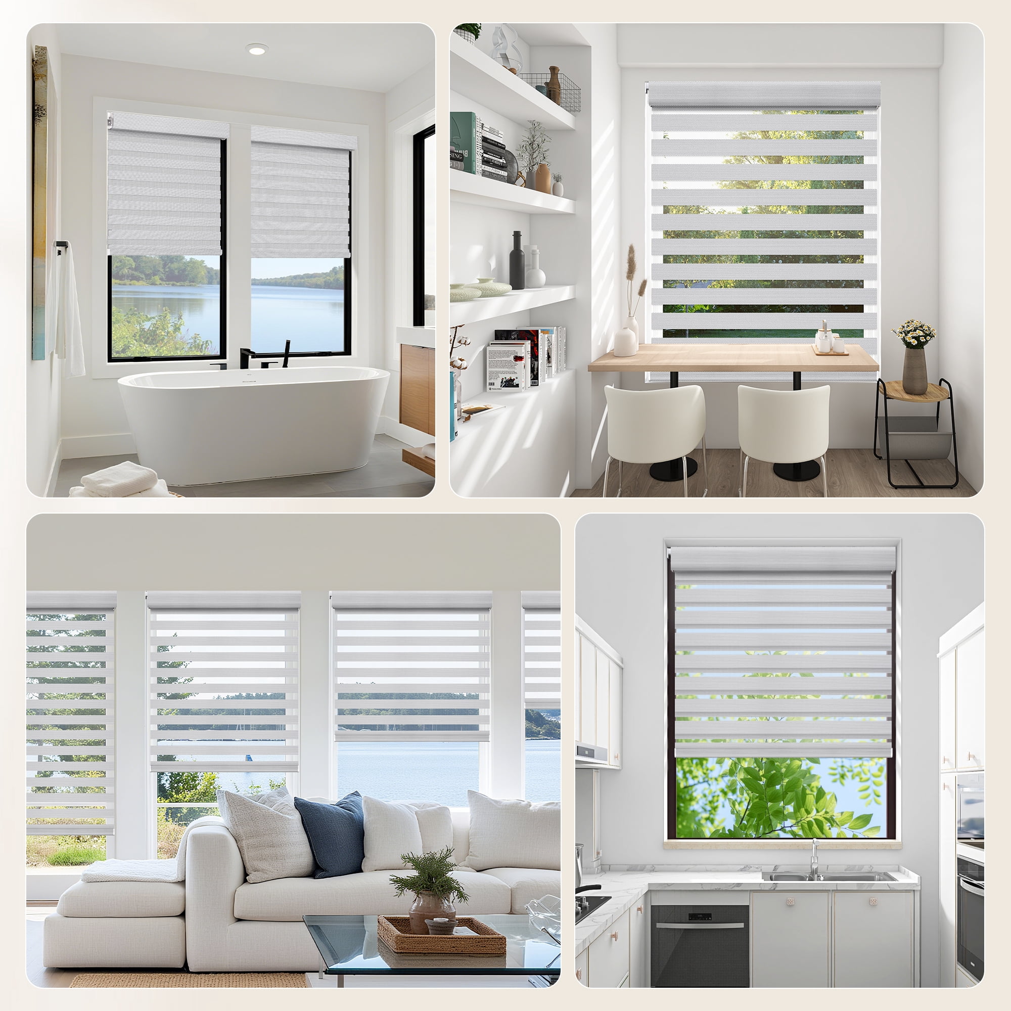 Grandekor No Drill Zebra Blinds for Windows,Cordless Zebra Shades Dual Layer, Pull Down Roller Shades Free-Stop,35"W x 64"H,White,Easy to Install for Home, Office, Bedroom