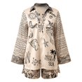 thumbnail image 6 of Summer Shorts Sets Casual Beach Stylish Printed Long Sleeve V Neck Loose Shirt Shorts Suit Summer Outfits For Women Black L, 6 of 7