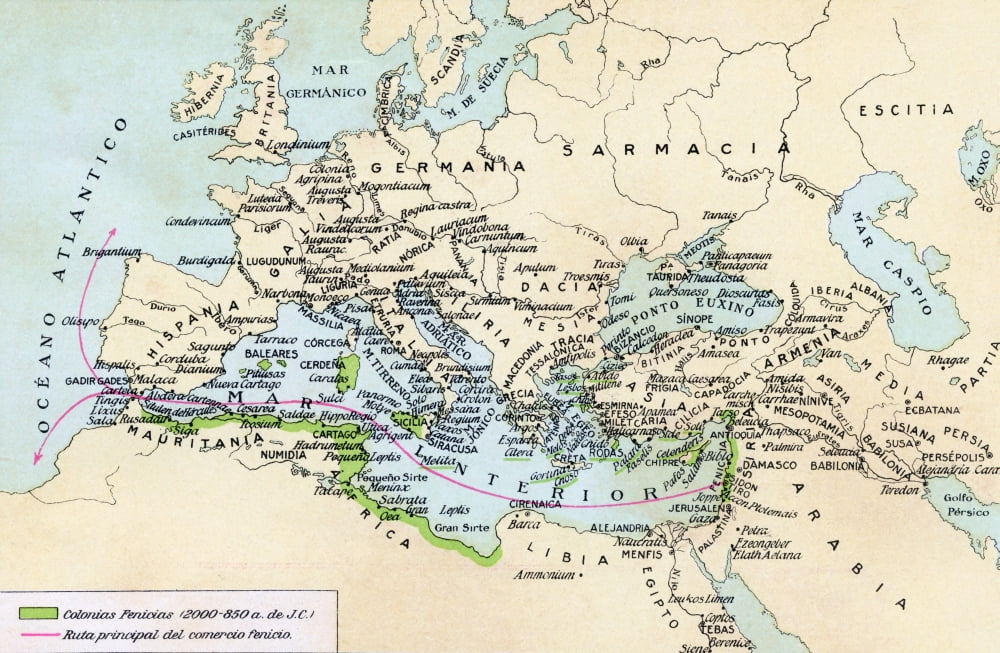 Phoenician Colonies And Area Of Influence In The Mediterranean 200 To 850 BC Green Shows Colonized Areas Red Shows Principal Routes Of Phoenician Commerce From Historia De Las Naciones Published Circa