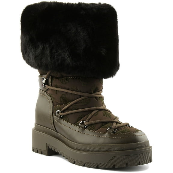 Guess Larya Women's Lace Up Faux Fur Ankle Boot In Olive Size 5.5