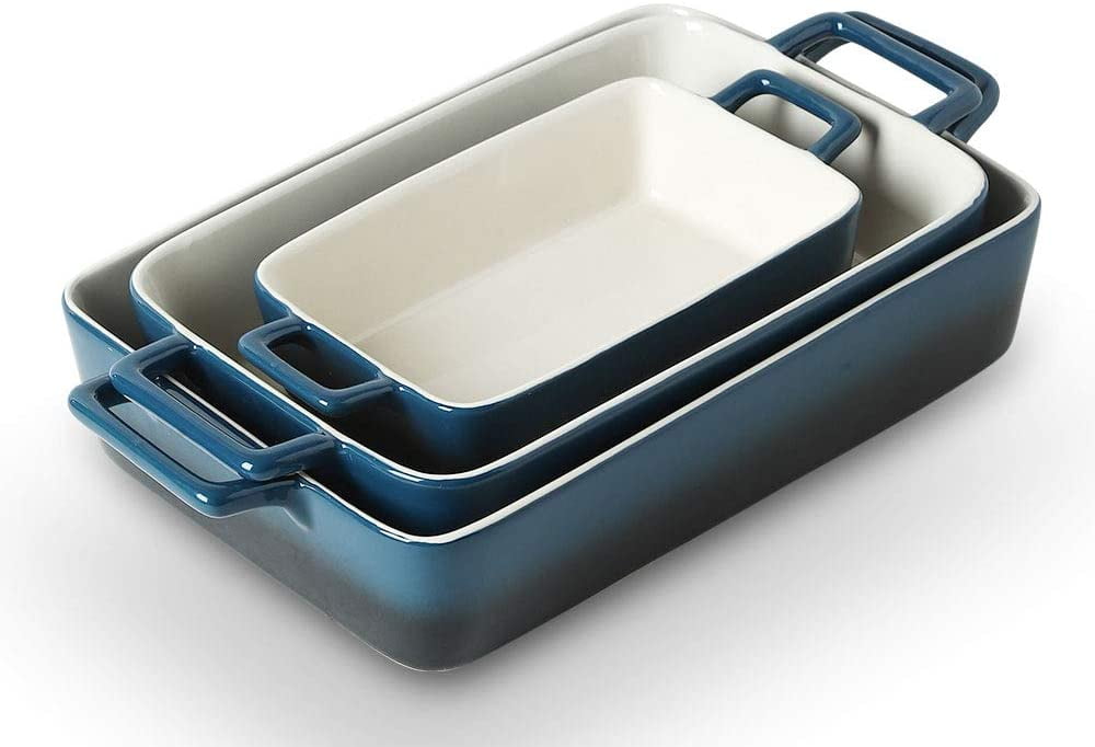 Set of 3 Lasagna Cake Pan for Kitchen 9 x 13'' Rectangle Brownie Dish UNICASA Baking Bakeware Pan with Handles for Oven Reactive Glaze Blue Ceramic Casserole Dish Set Cooking 