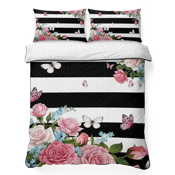 Queen Quilt Set 90''x96'', Pink Flowers Bedspread Coverlet with 2 Pillow Shams, Spring Floral Butterflies Black White Striped Farmhouse Breathable All Season Quilt Bedding for Bedroom/Guest Room