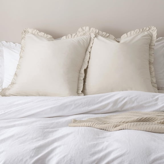 100% Washed Cotton Euro Shams with Ruffle, 2 Pack 26" x Sham Pillow Covers, No Insert, Ultra Soft Decorative Farmhouse Bedding for Bed Sofa, Linen/Oatmeal