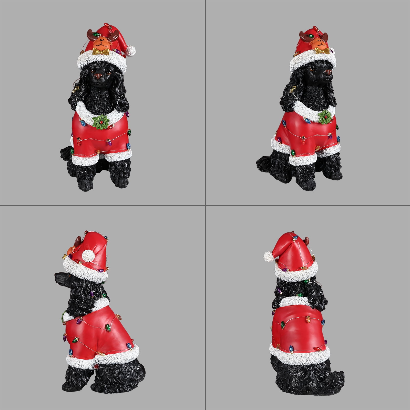 Black Poodle Red Santa Outfit Christmas Dog Statue with Reindeer Antlers Holiday Tabletop Decor