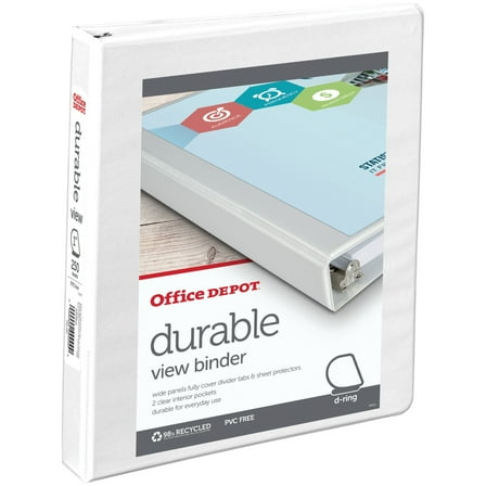 Office Depot® Brand Durable View Slant-Ring Binder, 1" Rings, 61% Recycled, White