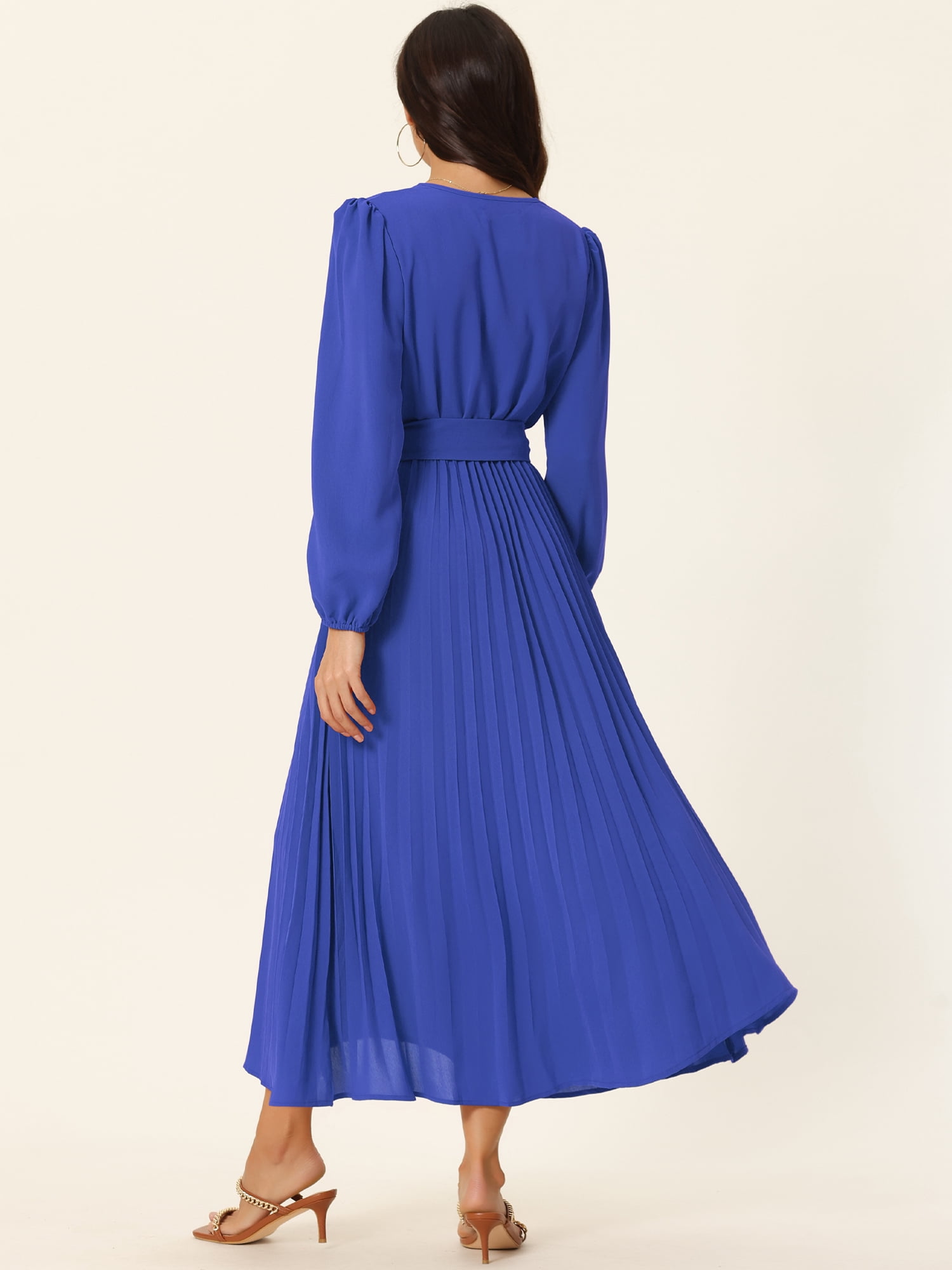 Unique Bargains Women's Long Puff Sleeve Flowy Ruffle Pleated Dress with Belt S Royal Blue