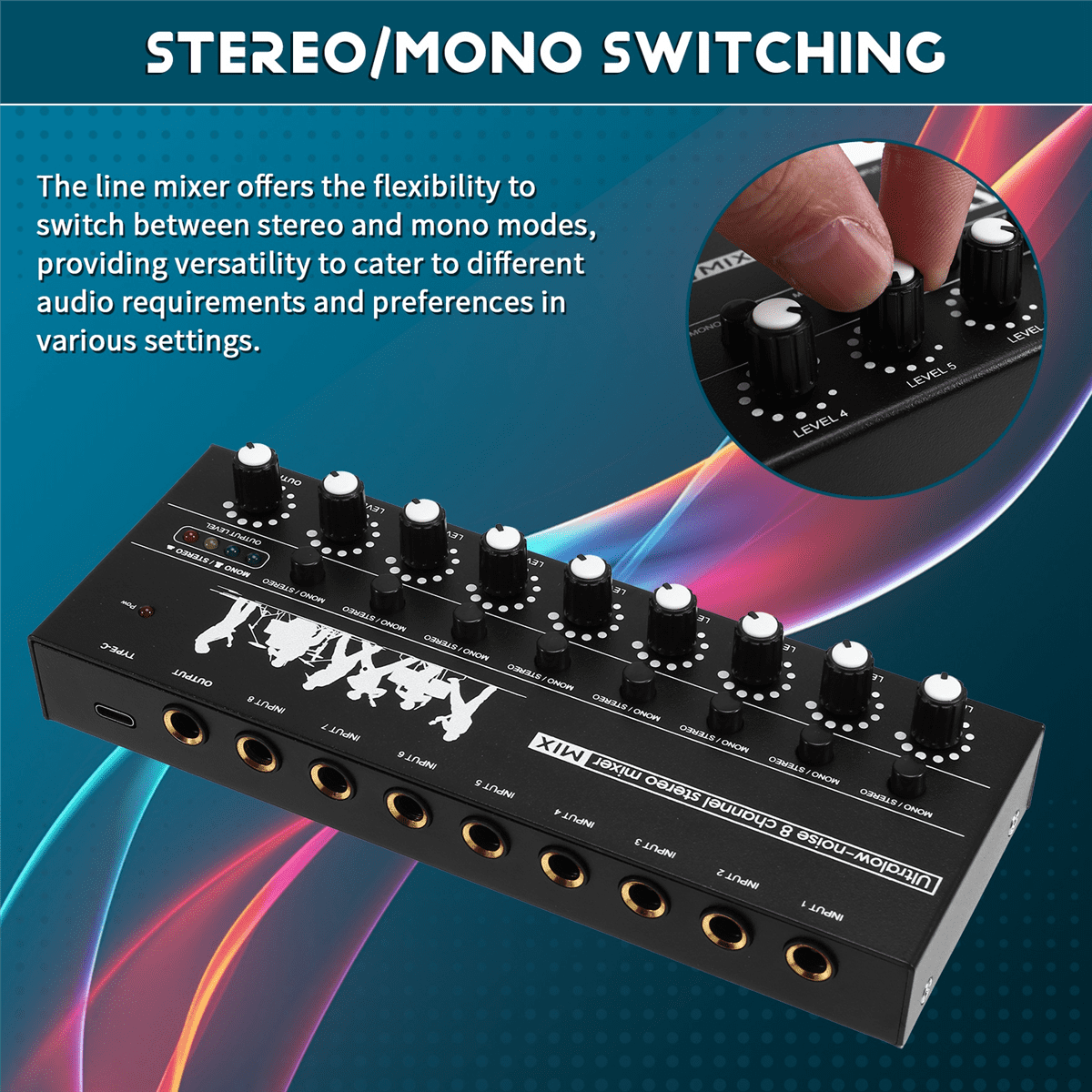 Professional 8-Channel Stereo Mixer Portable Sound Audio Mixer with Low-Noise Functionality for Recording Instruments,1 * Mixer 1 * Type-C Cable,Black
