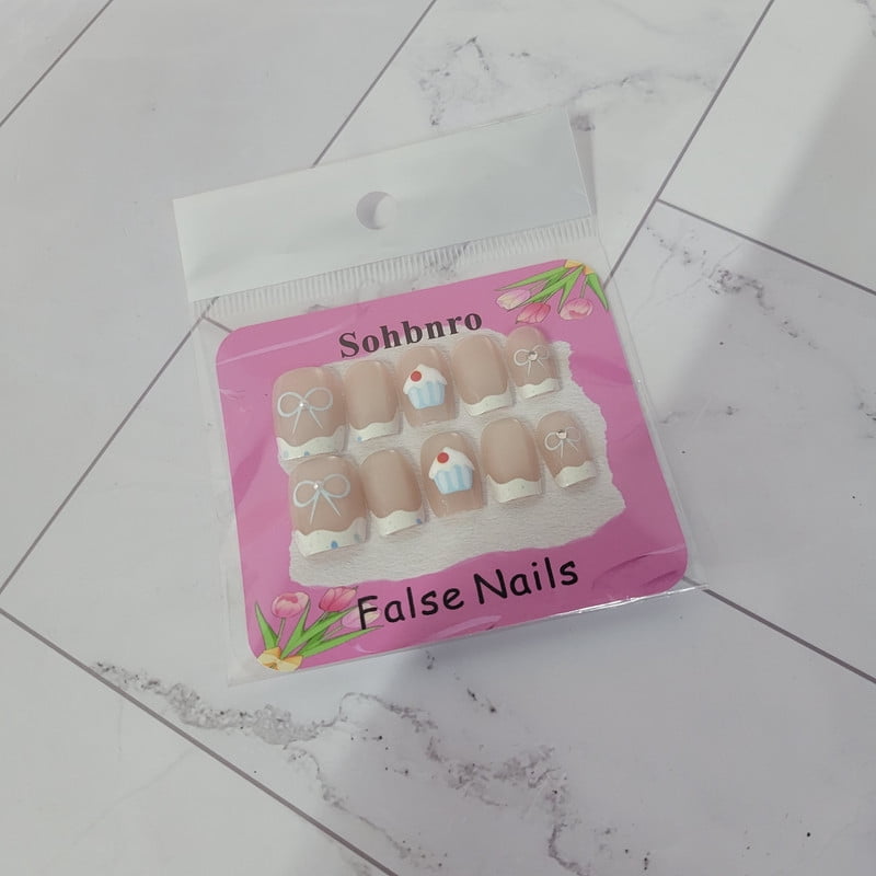 Sohbnro False nails, Short Square French Tip False Nails with Sweet Dessert Design